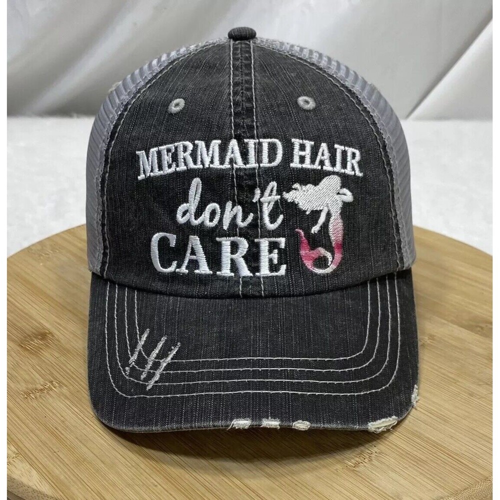 Mermaid Hair Dont Care Hat Womens Cap Mesh Back Distressed Gray Pink Adjustable